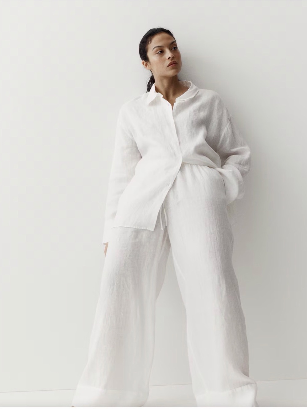 Zara Women’s  White Linen Wide-Leg Pants and Shirt Set Size S